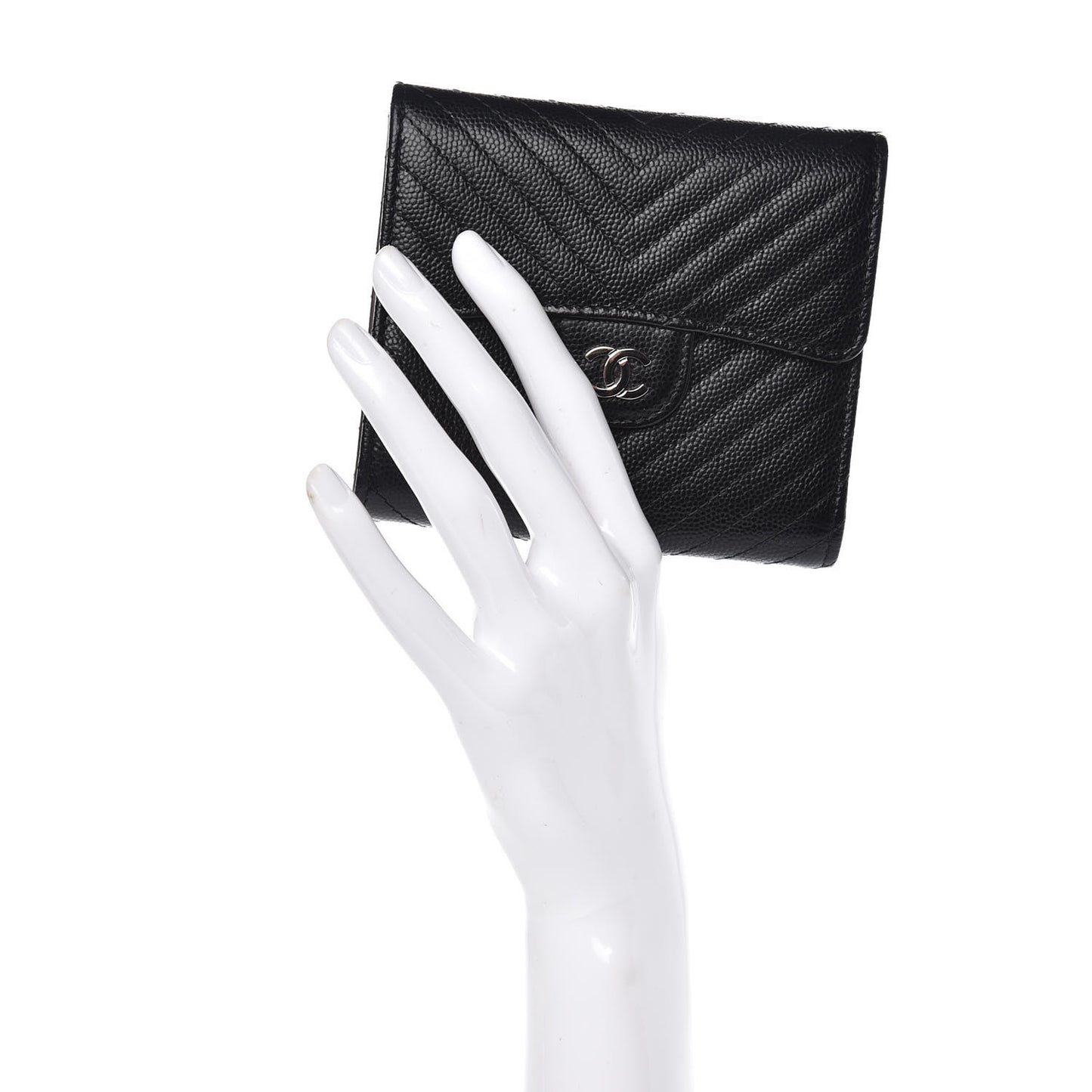 Caviar Chevron Quilted Compact Flap Wallet Black