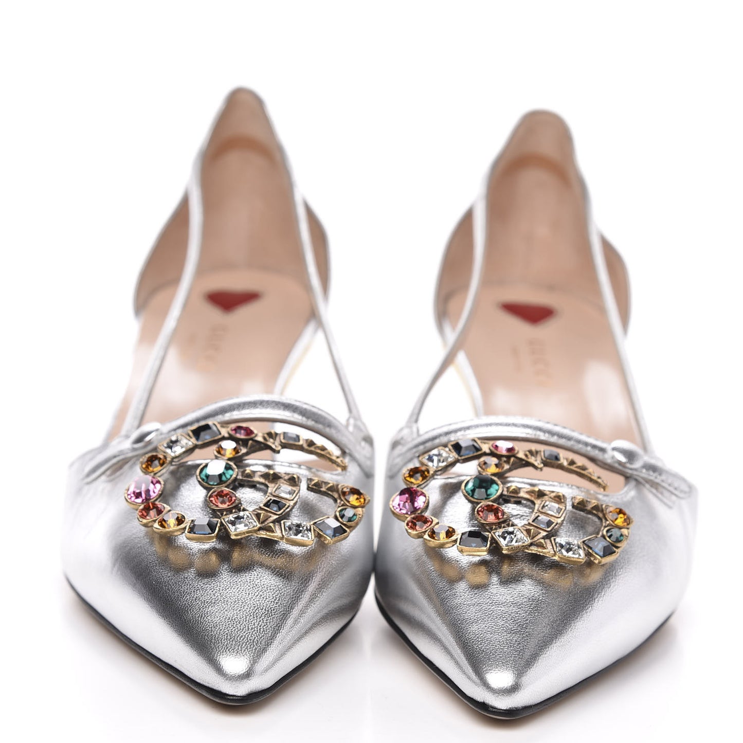 Metallic Nappa Bamboo Crystal Double G Low Heel Pumps 40 Argento
