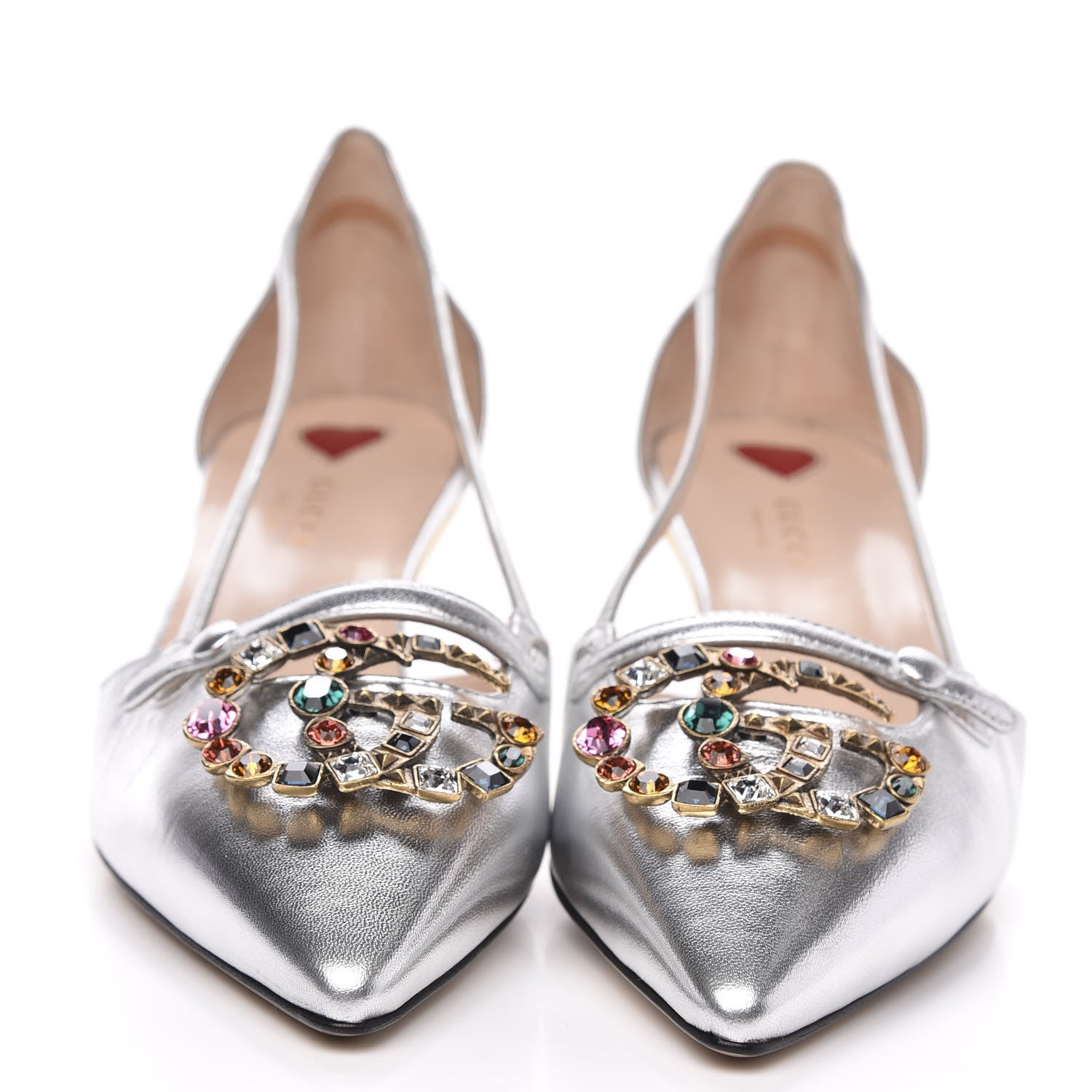 Gucci Metallic Nappa Bamboo Crystal Double G Low Heel Pumps 40 Argento 2 of 8