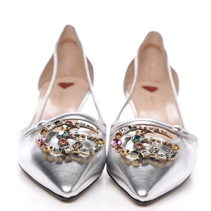 Gucci Metallic Nappa Bamboo Crystal Double G Low Heel Pumps 40 Argento 2 of 8