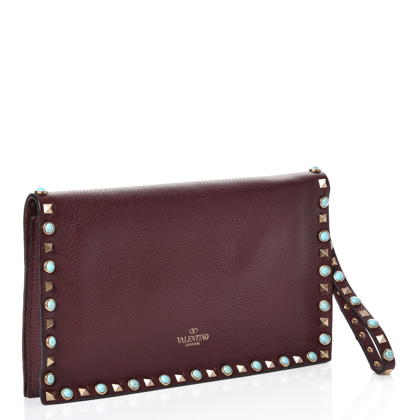 Pebbled Calfskin Rockstud Rolling Wristlet Clutch Rubin