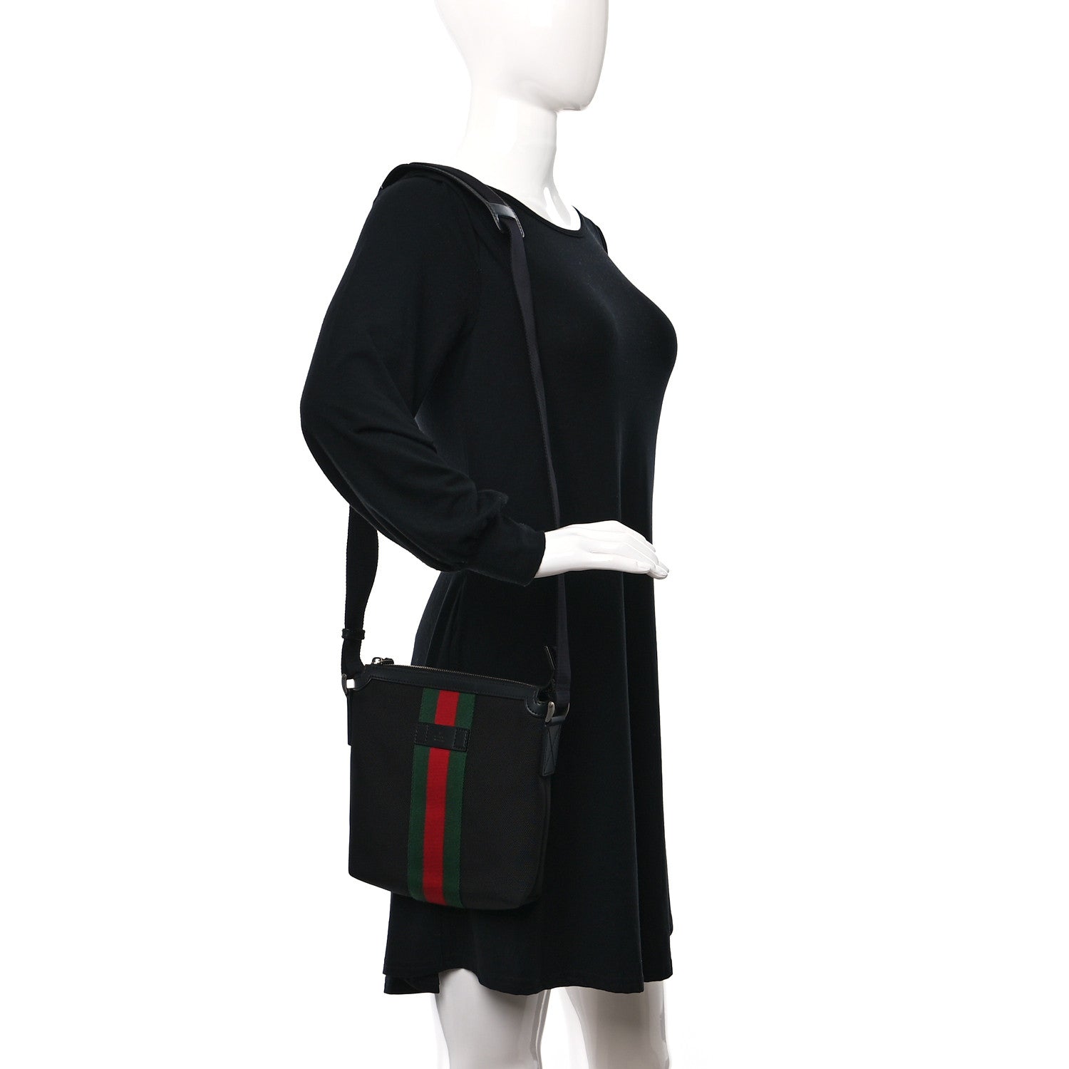 Gucci Techno Canvas Selleria Calfskin Web Small Flat Messenger Bag Black 2 of 10
