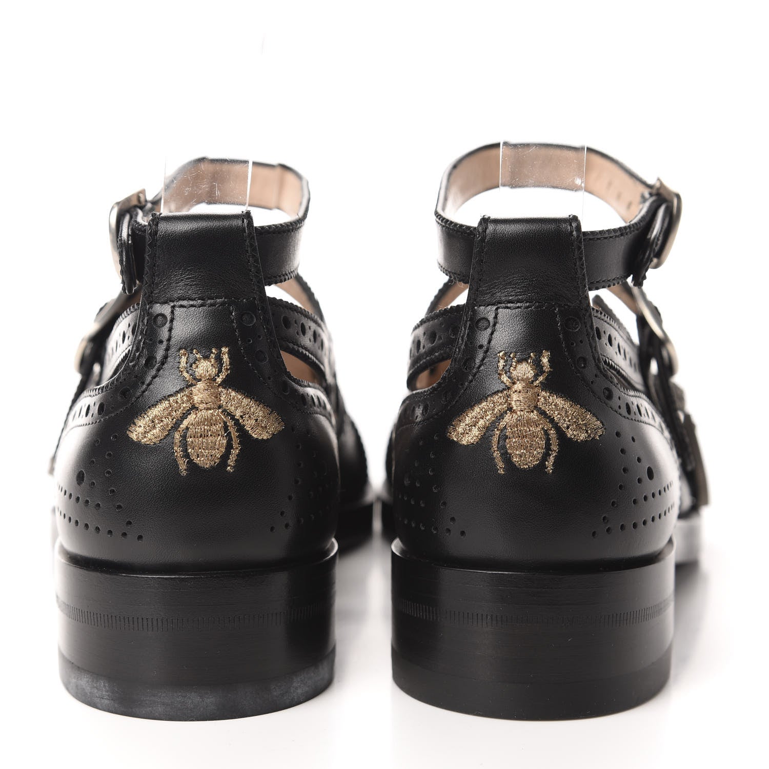 Gucci Calfskin Bee Embroidered Womens Queercore Brogue Wingtip Monk Strap Loafers 38 Black 5 of 10
