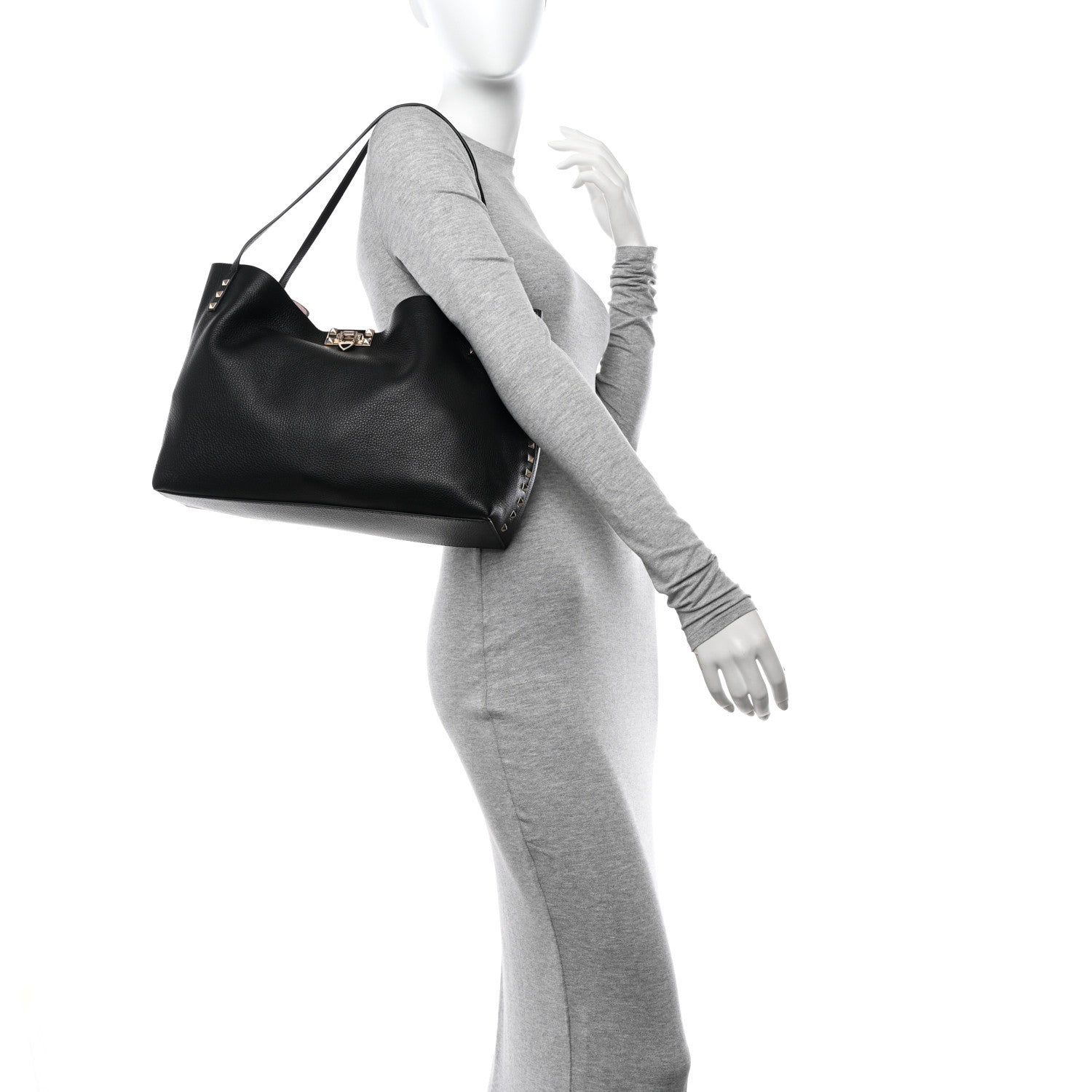 Valentino Garavani Grainy Calfskin Medium Rockstud Tote Black Rose Quartz 2 of 12