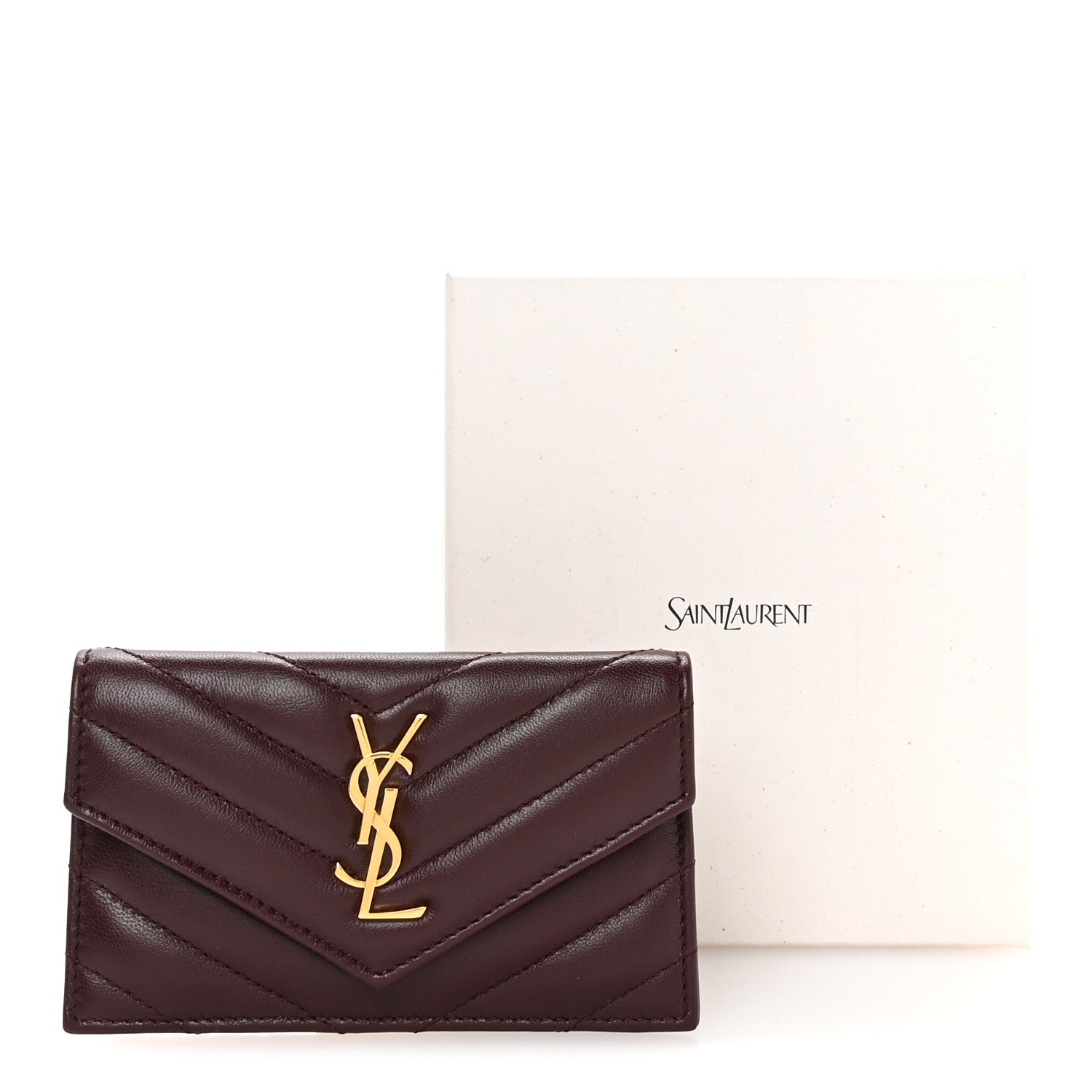 Saint Laurent Lambskin Matelasse Chevron Monogram Compact Wallet  Rouge Cabernet 8 of 8