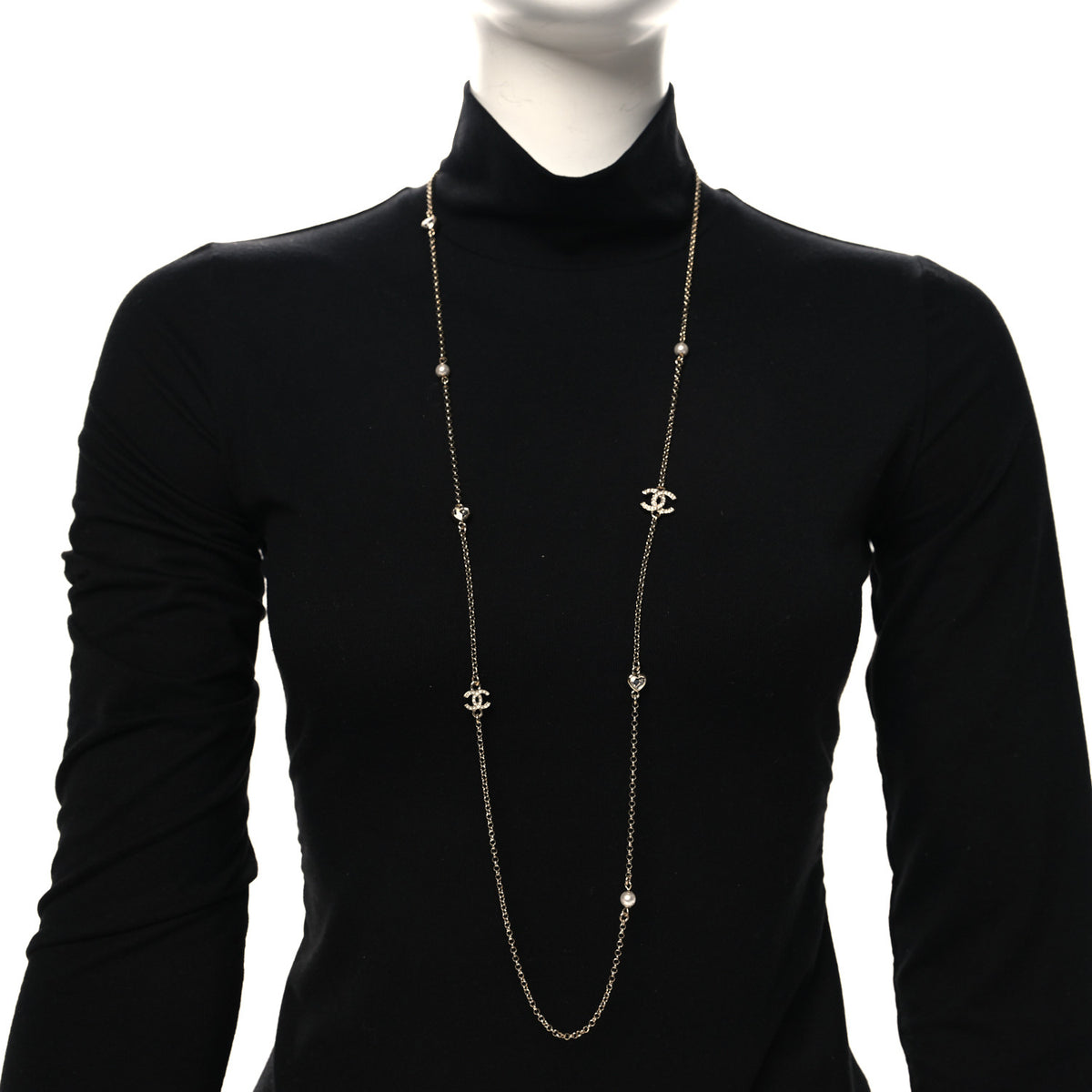 Pearl Crystal CC Heart Chain Long Necklace Gold