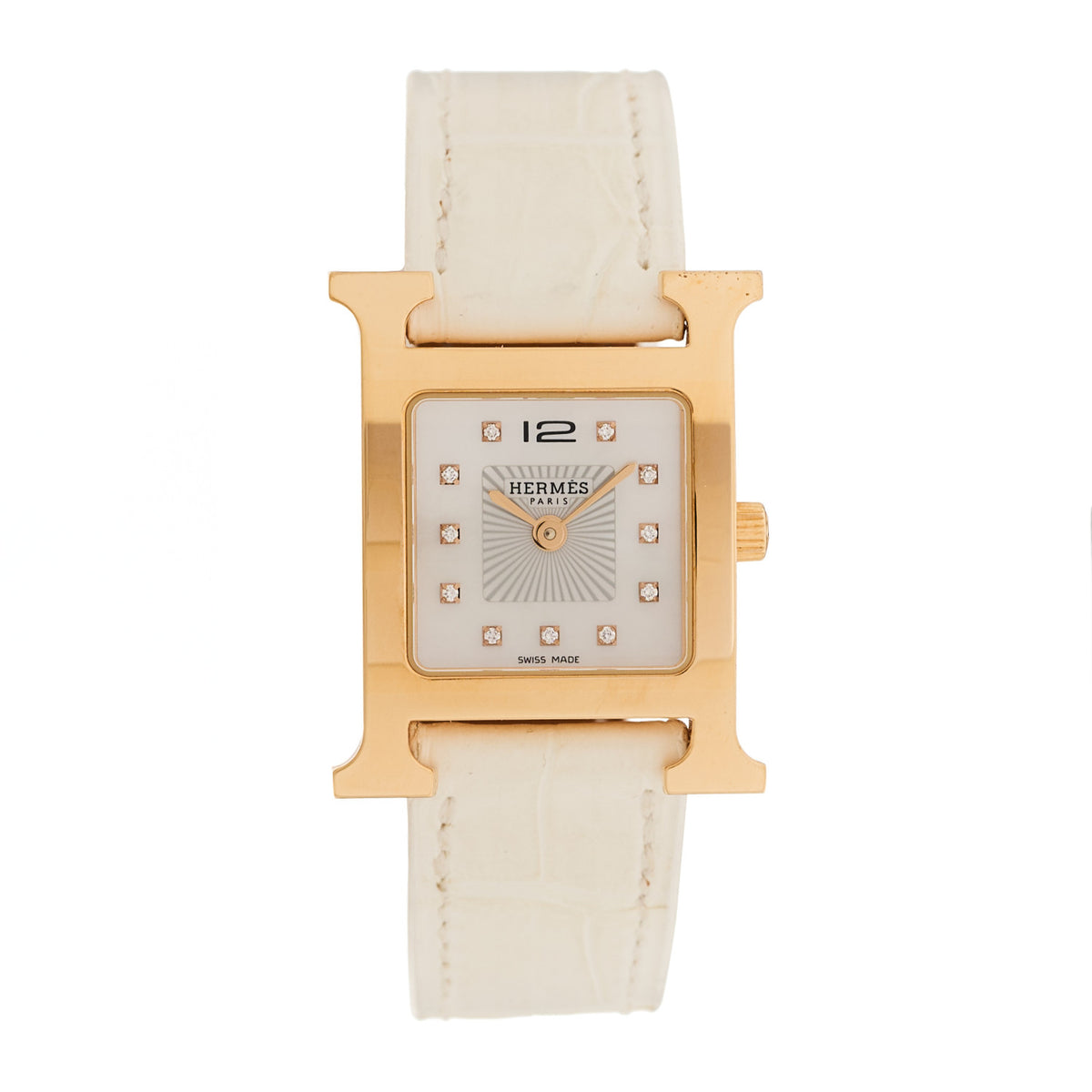 Hermes Stainless Steel Alligator Diamond Mother of Pearl 21mm Heure H Hour Quartz Watch Blanc 1 of 5