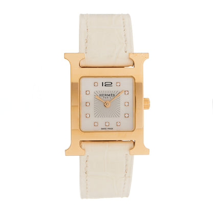 Hermes Stainless Steel Alligator Diamond Mother of Pearl 21mm Heure H Hour Quartz Watch Blanc 1 of 5