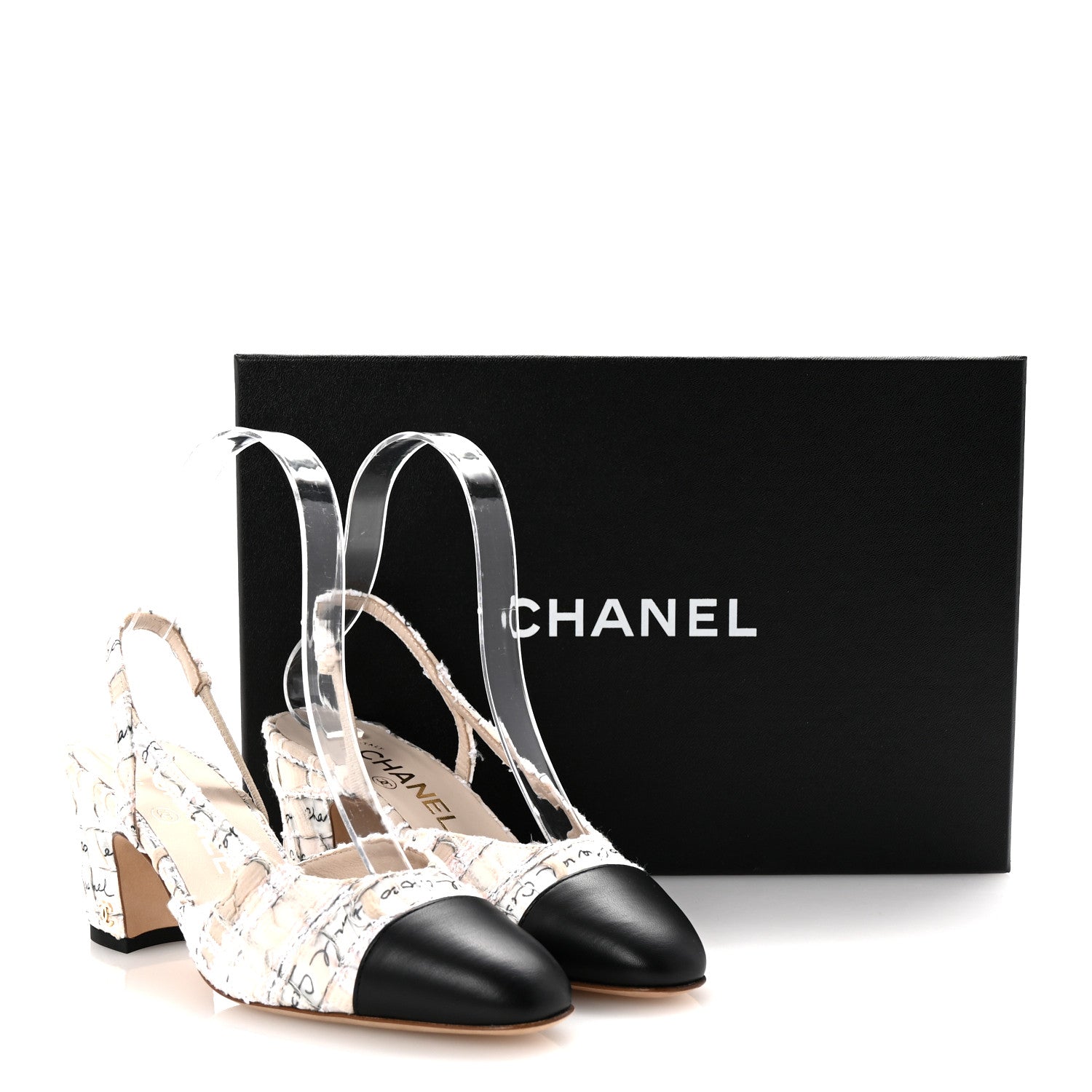 Chanel Tweed Lambskin Cap Toe CC Logo Slingback Pumps 35 Beige Ecru Black 10 of 10