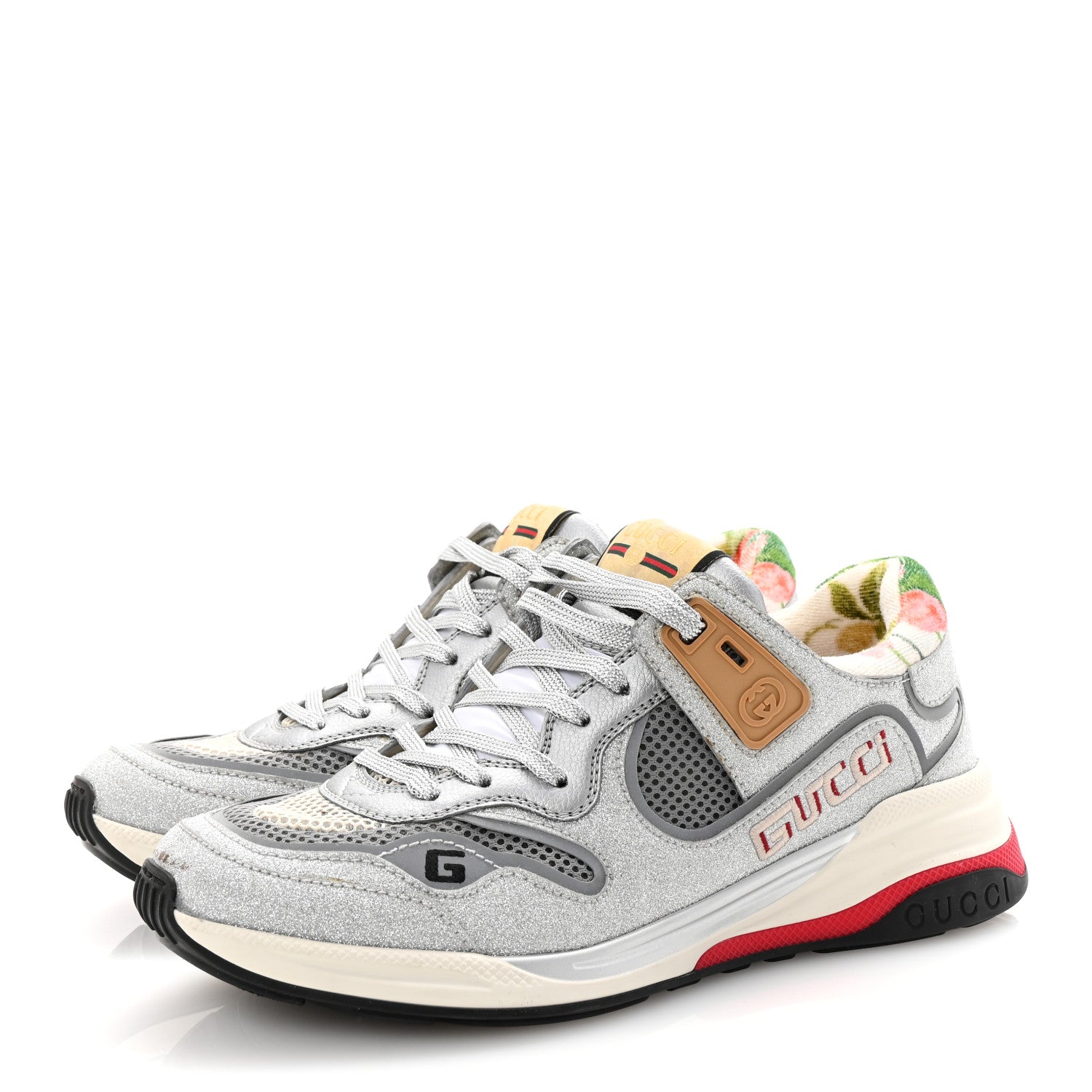 Gucci Metallic Calfskin Glitter Mesh Womens Ultrapace Sneakers 38