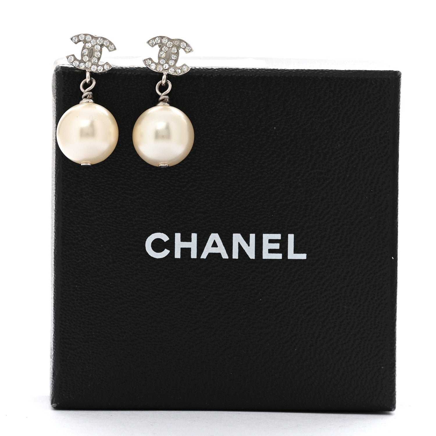 Chanel Crystal Pearl CC Drop Earrings Silver Pearly White 5 of 5