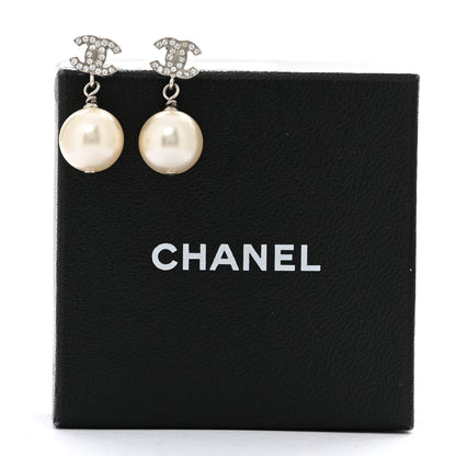 Chanel Crystal Pearl CC Drop Earrings Silver Pearly White 5 of 5