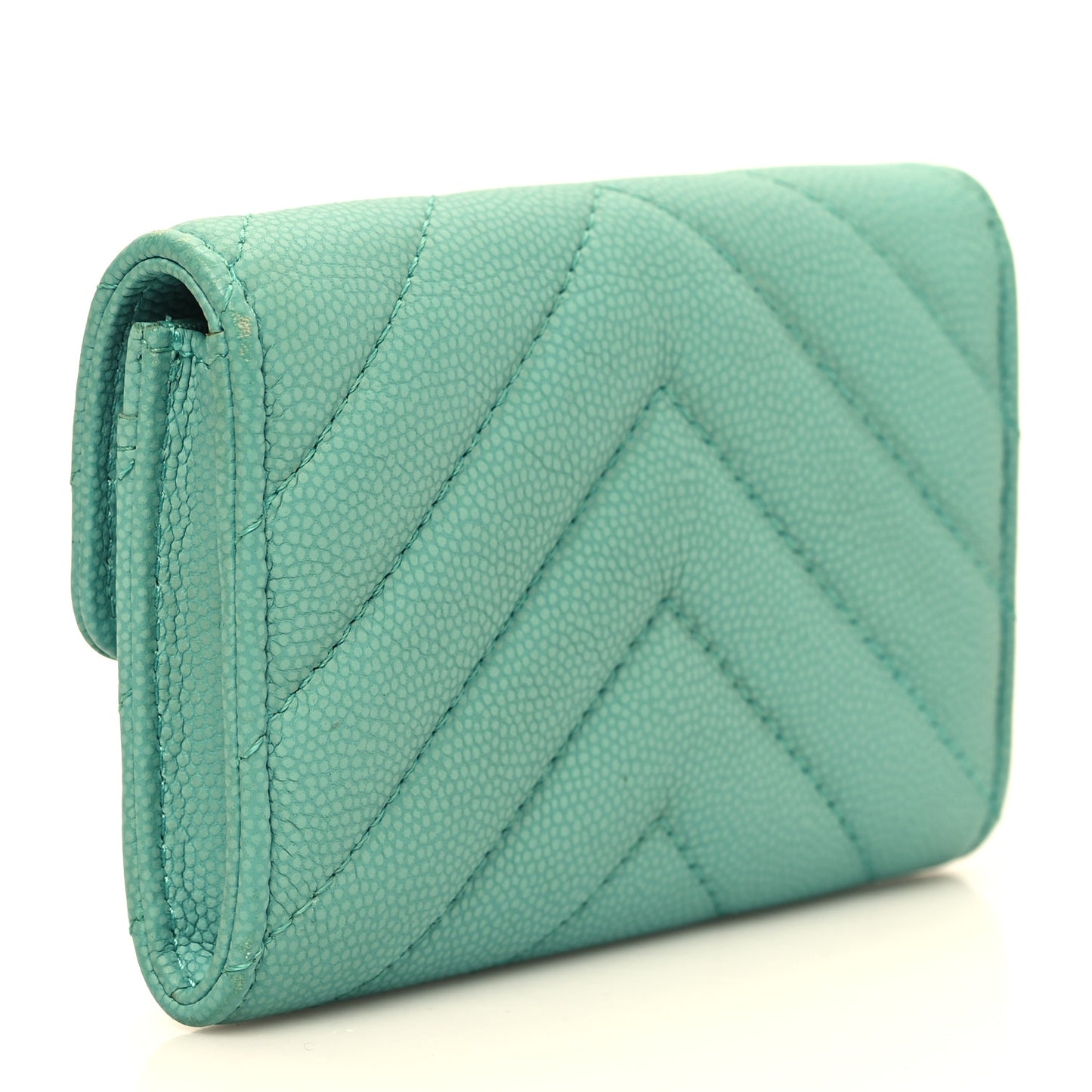 Caviar Flat Chevron Quilted Flap Card Holder Green
