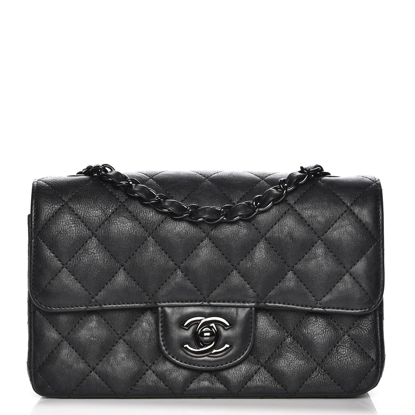 Crumpled Calfskin Quilted Mini Rectangular Flap So Black