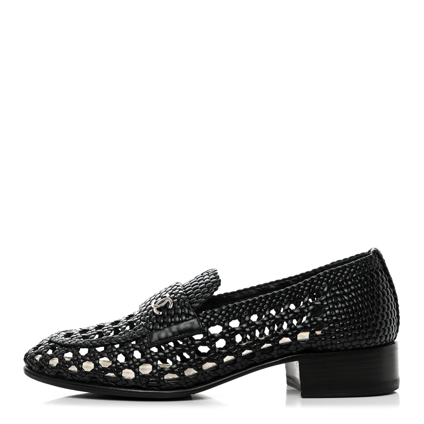 Shiny Braided Goatskin Loafers 37.5 Black