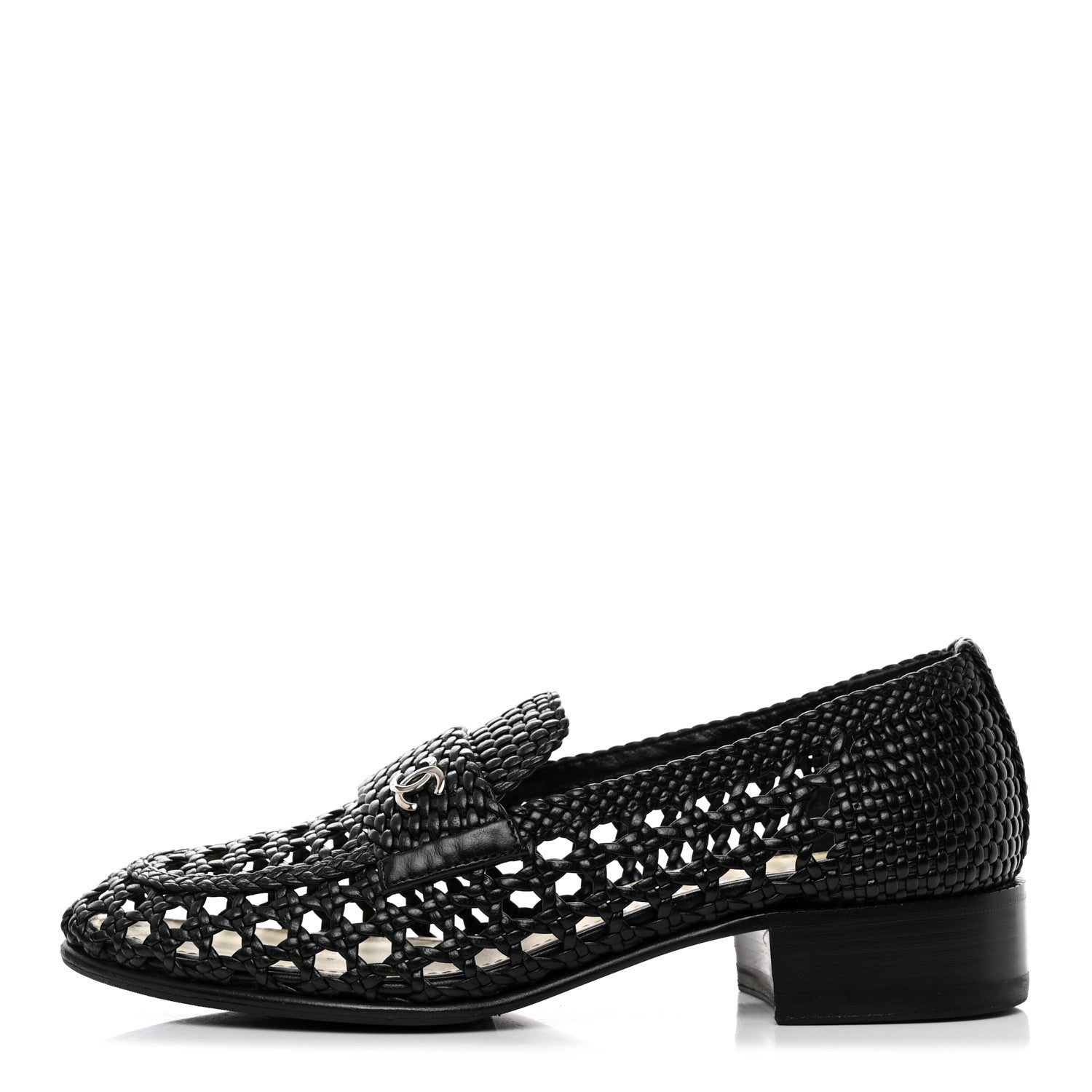 Chanel Shiny Braided Goatskin Loafers 37.5 Black 1 of 9