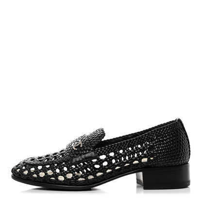 Chanel Shiny Braided Goatskin Loafers 37.5 Black 1 of 9