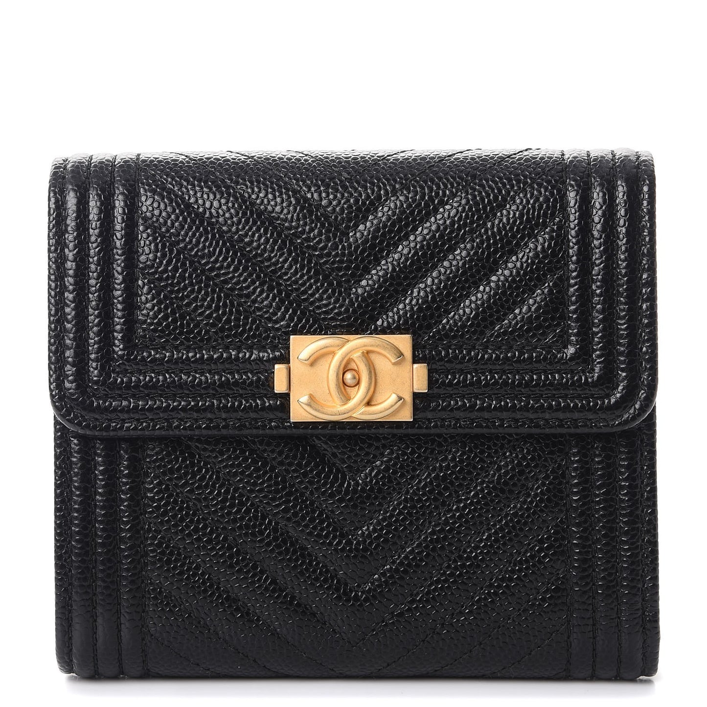 Caviar Chevron Quilted Boy Compact Wallet Black