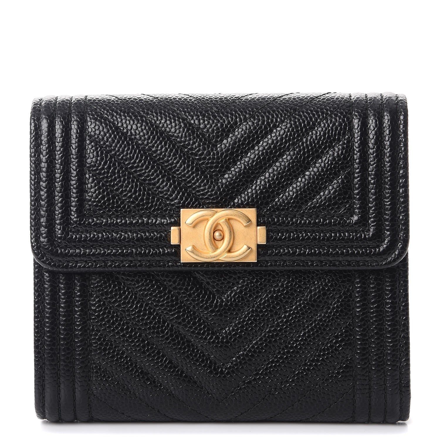 Chanel Caviar Chevron Quilted Boy Compact Wallet Black 1 of 9