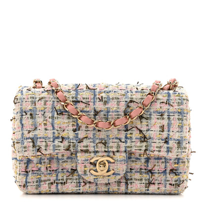 Chanel Tweed Quilted Mini Rectangular Flap Light Blue Pink Gold White 1 of 10
