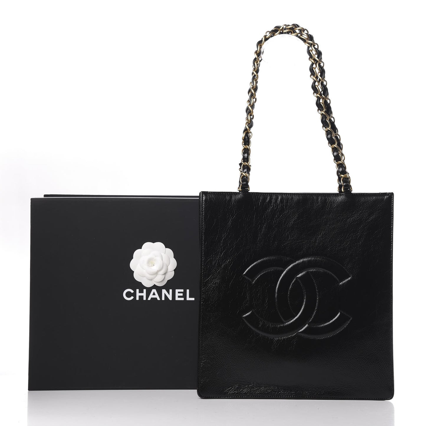 Shiny Aged Calfskin North South Shopping Bag Black