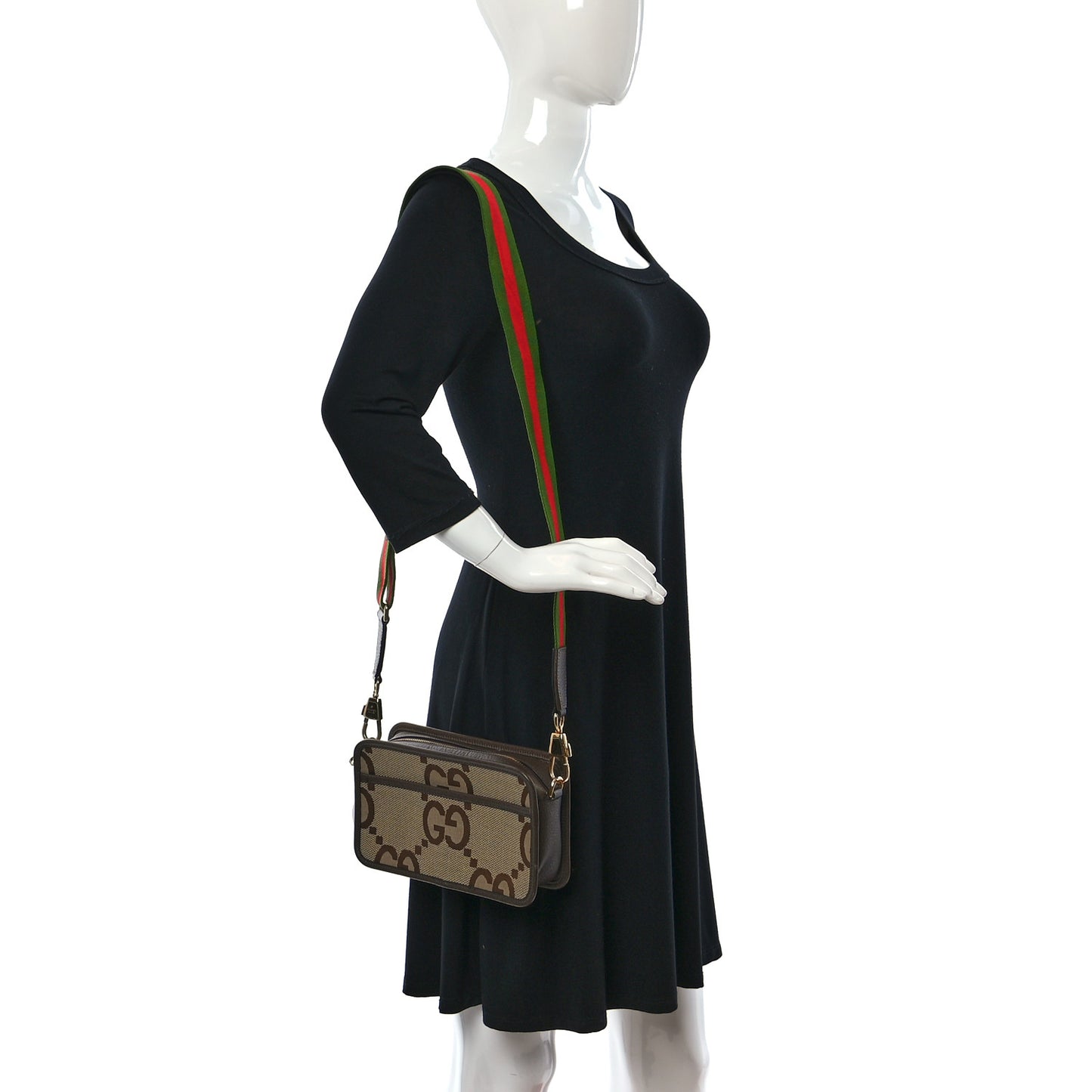 Monogram Jumbo GG Textured Dollar Calfskin Web Mini Crossbody Bag Camel Ebony New Acero