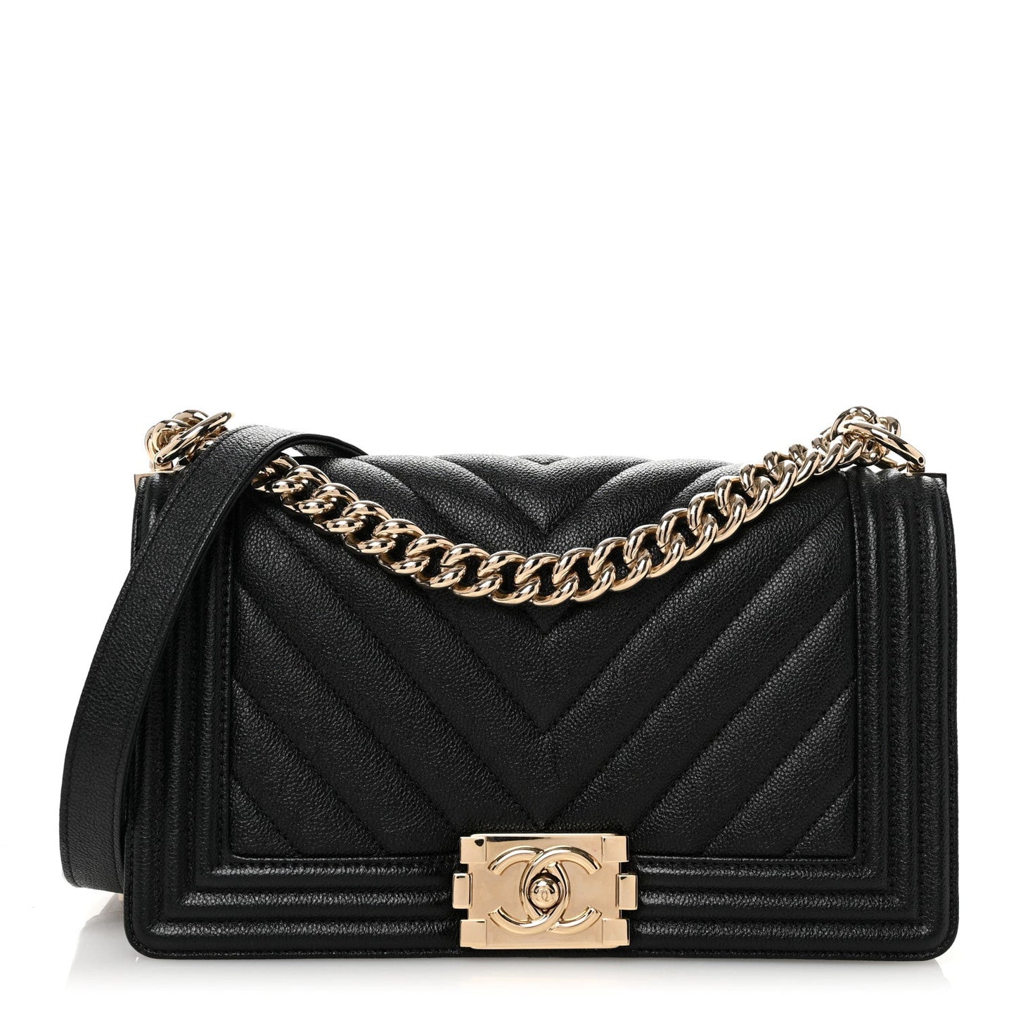 Caviar Chevron Quilted Medium Boy Flap Black