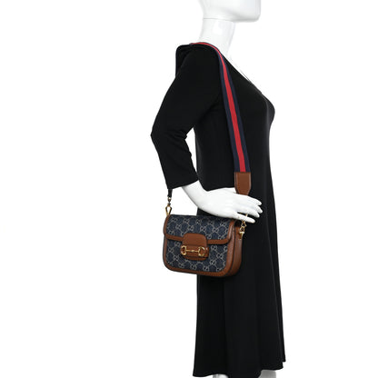 Gucci New Denim GG Monogram Dollar Calfskin Web Mini Horsebit 1955 Shoulder Bag Blue Tea Cuir Epilog 2 of 10