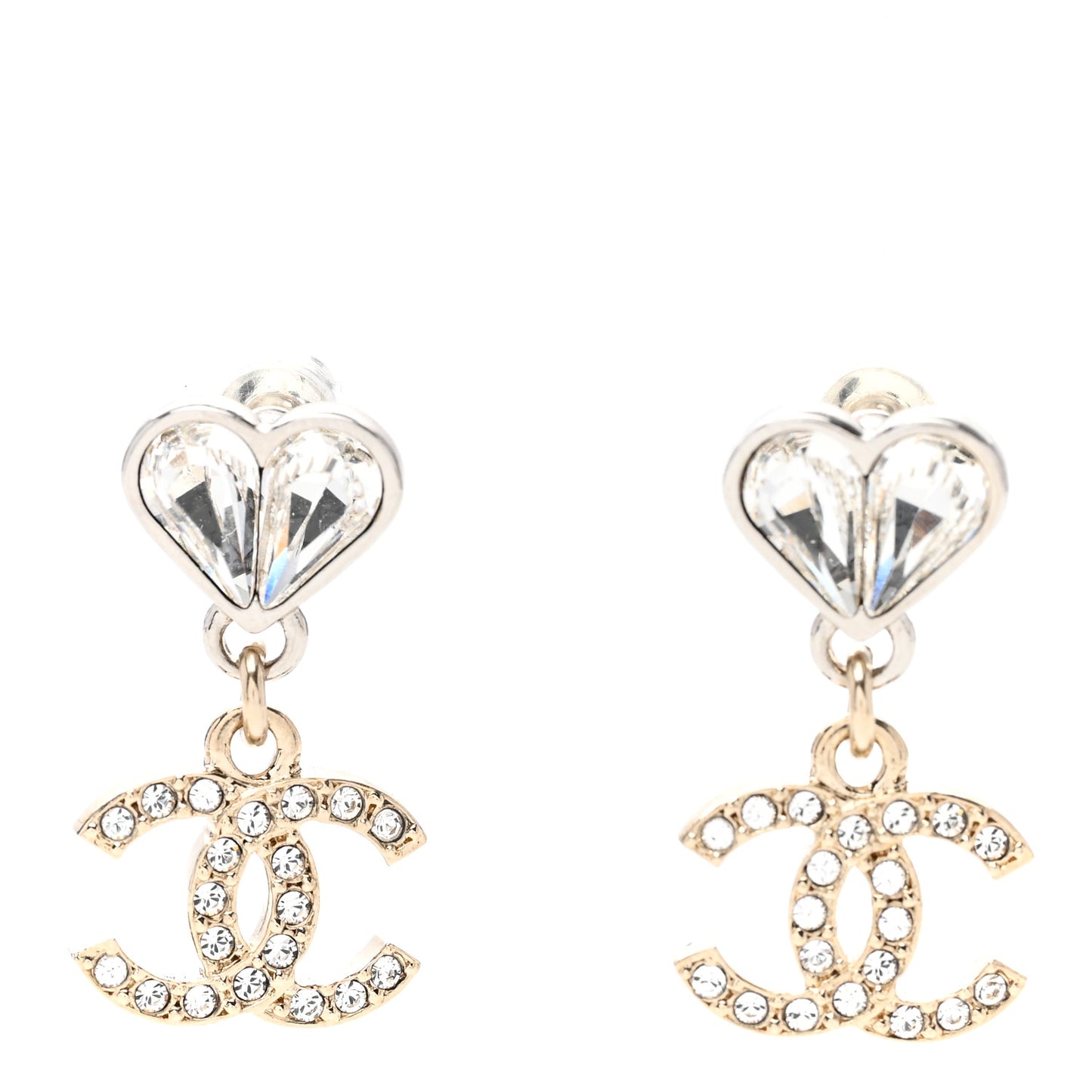 Crystal CC Heart Drop Earrings Gold Silver