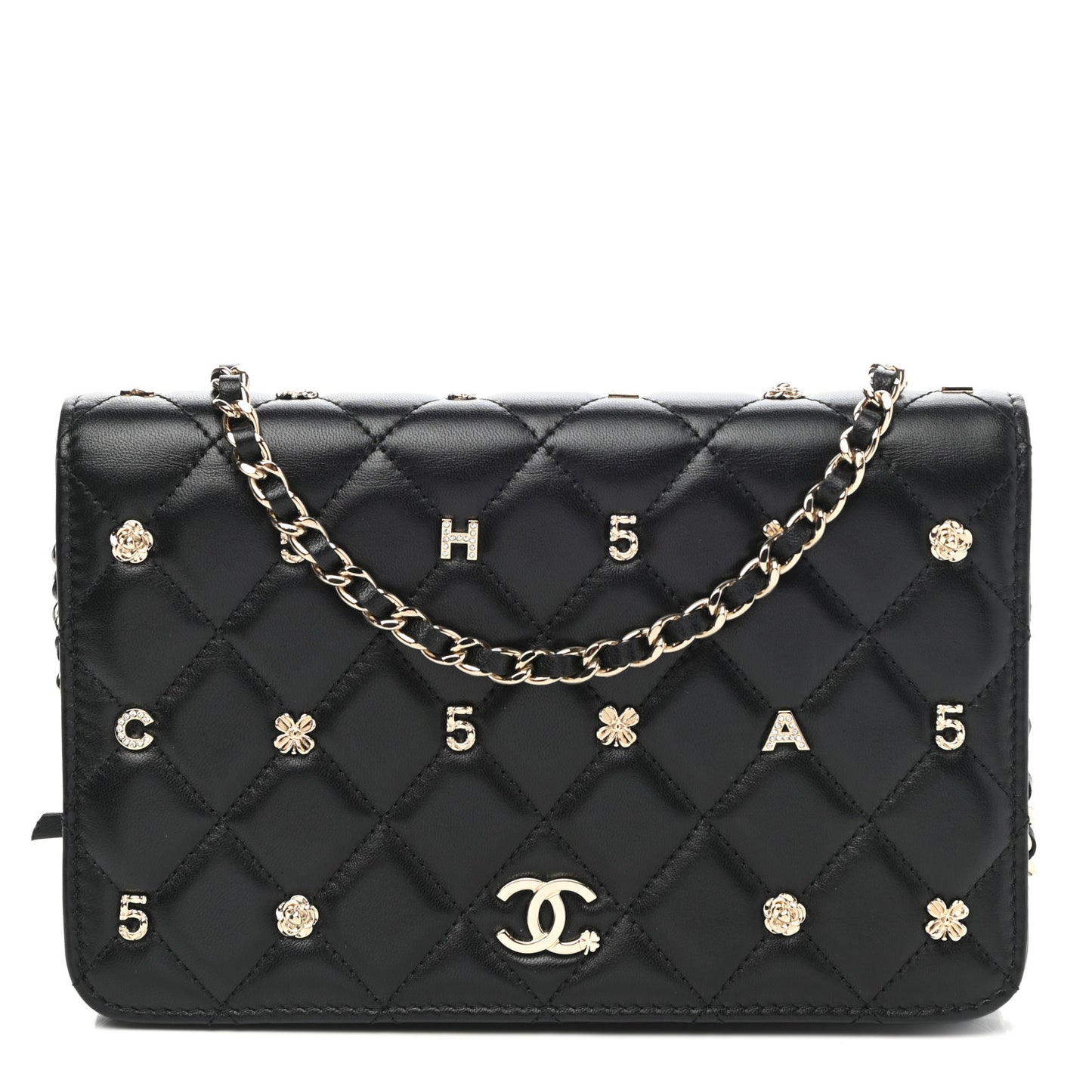 Lambskin Quilted Studded Wallet On Chain WOC Black