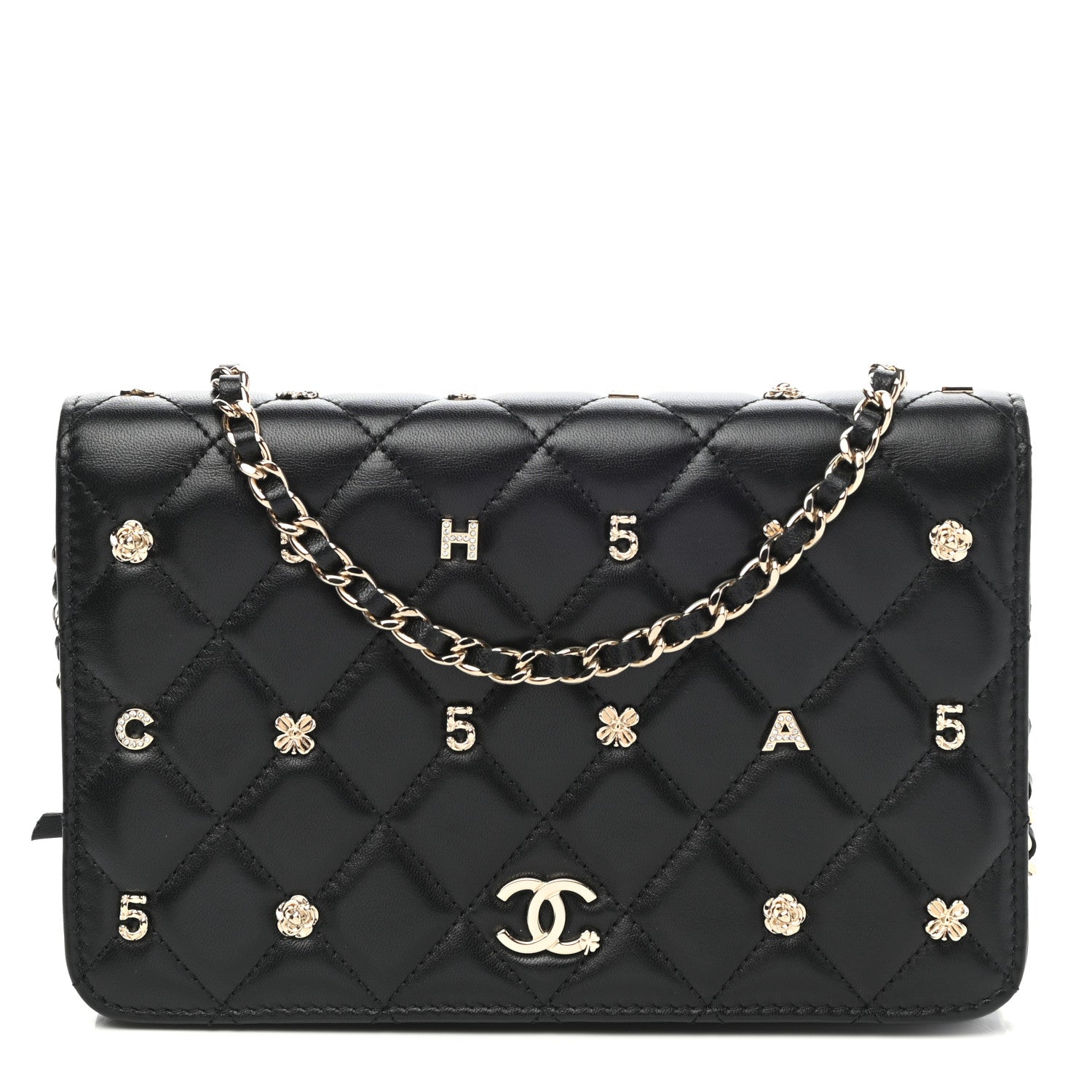 Chanel Lambskin Quilted Studded Wallet On Chain WOC Black 1 of 11