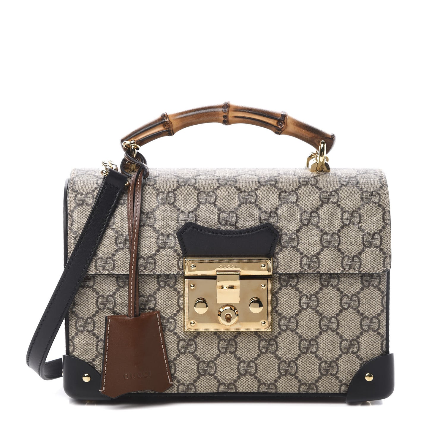 GG Supreme Monogram Small Padlock Bamboo Shoulder Bag Beige Black Cuir