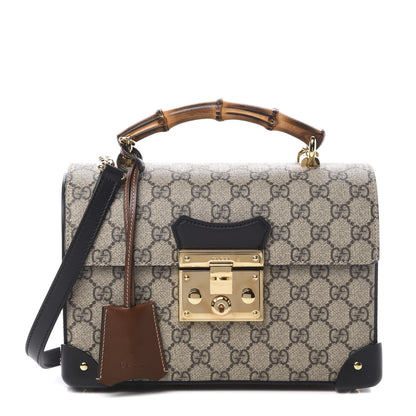 Gucci GG Supreme Monogram Small Padlock Bamboo Shoulder Bag Beige Black Cuir 1 of 11