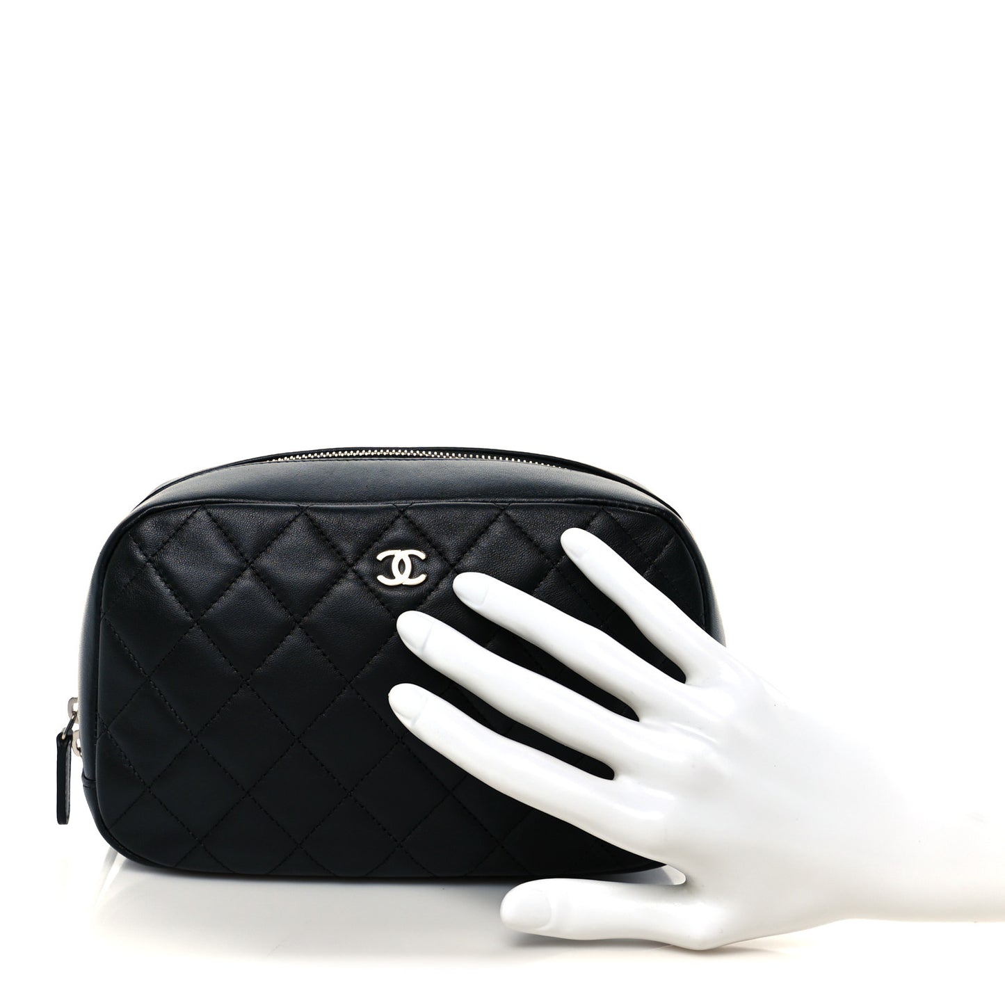 Lambskin Quilted Medium Curvy Pouch Cosmetic Case Black