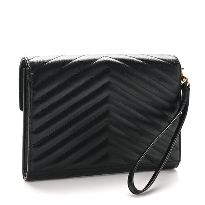Saint Laurent Grain De Poudre Matelasse Chevron Monogram Envelope Clutch Black 3 of 8