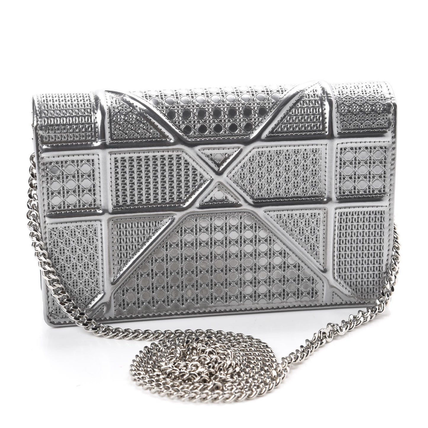 Metallic Patent Micro-Cannage Diorama Wallet on Chain Pouch Silver