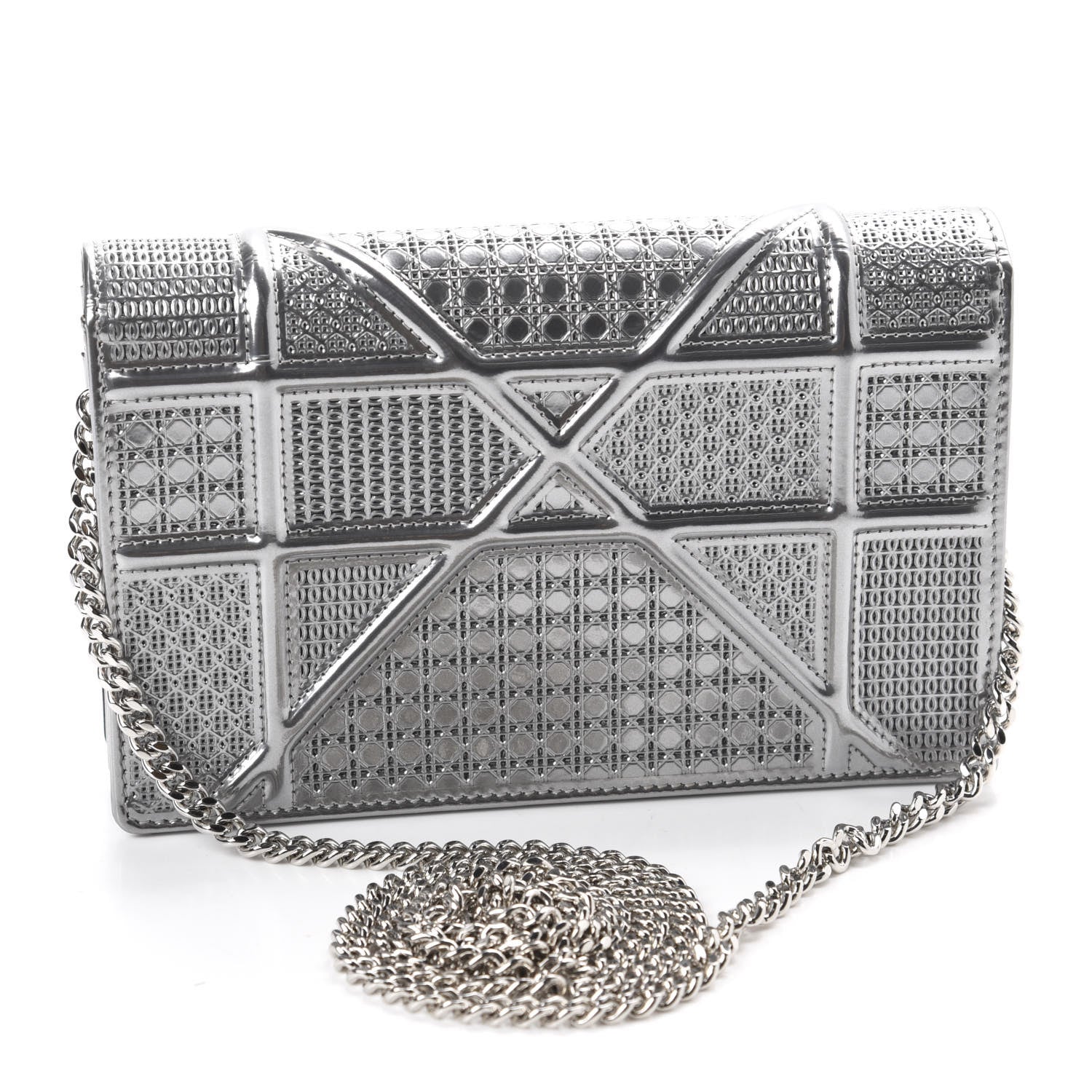 Christian Dior Metallic Patent Micro-Cannage Diorama Wallet on Chain Pouch Silver 3 of 10