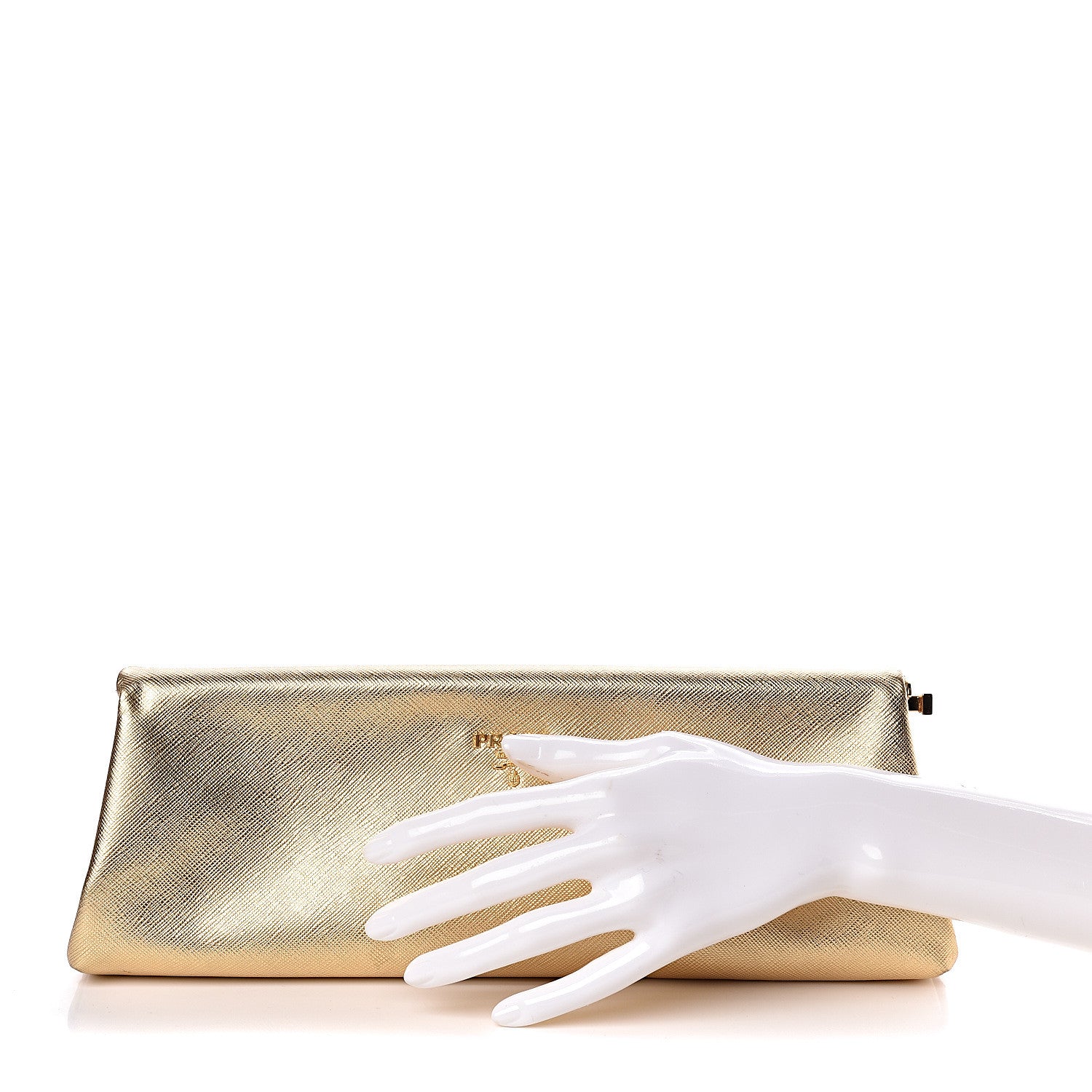 Prada Metallic Saffiano Lux East West Frame Clutch Platino 2 of 9