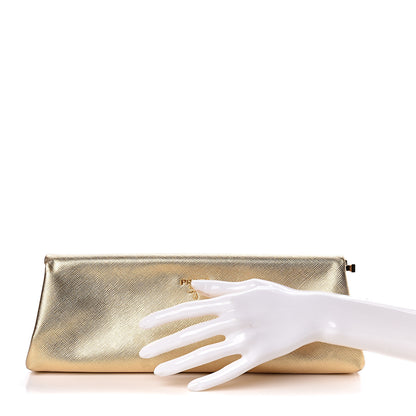 Prada Metallic Saffiano Lux East West Frame Clutch Platino 2 of 9