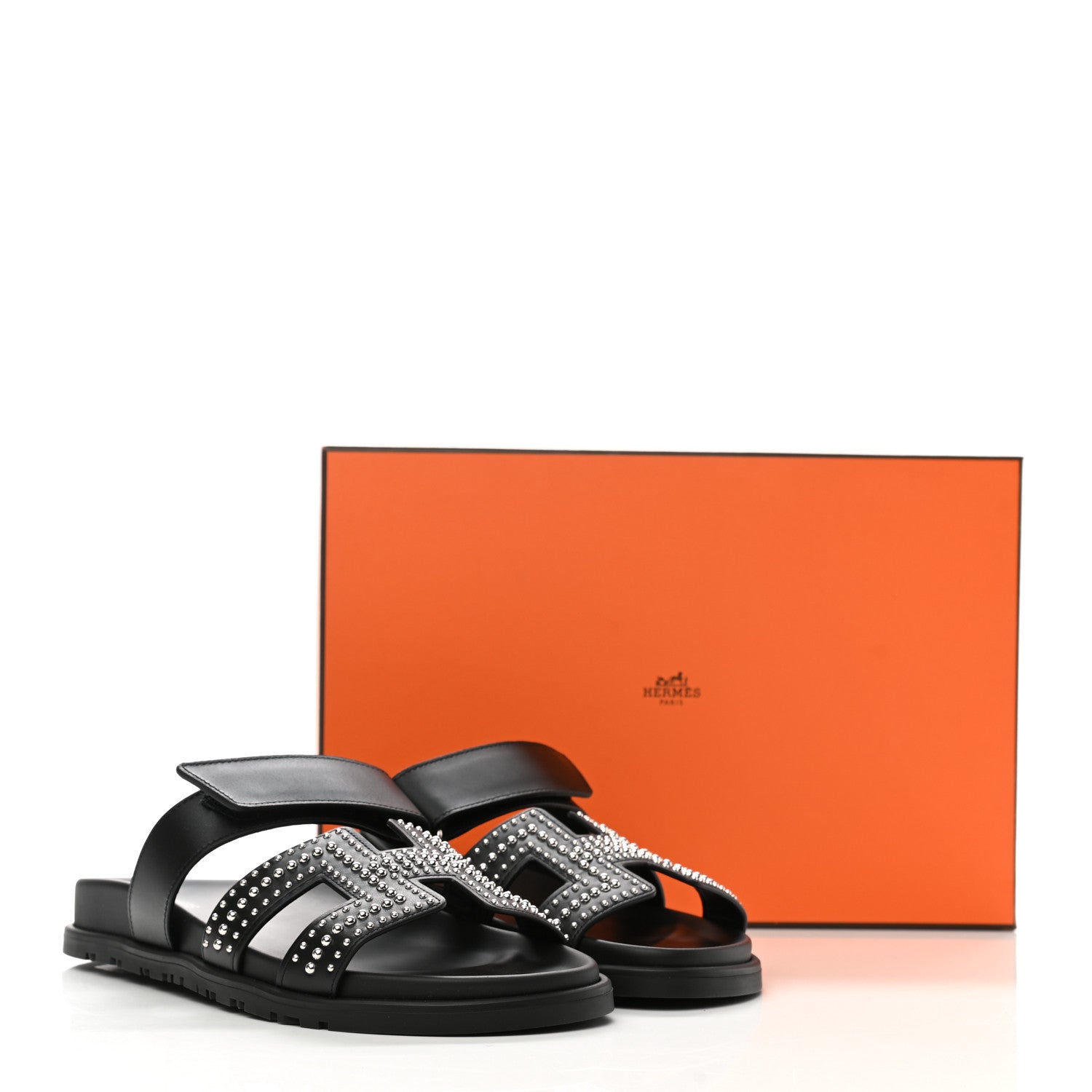 Hermes Mini Stud Calfskin Womens Chypre Sandals 37.5 Black 9 of 9