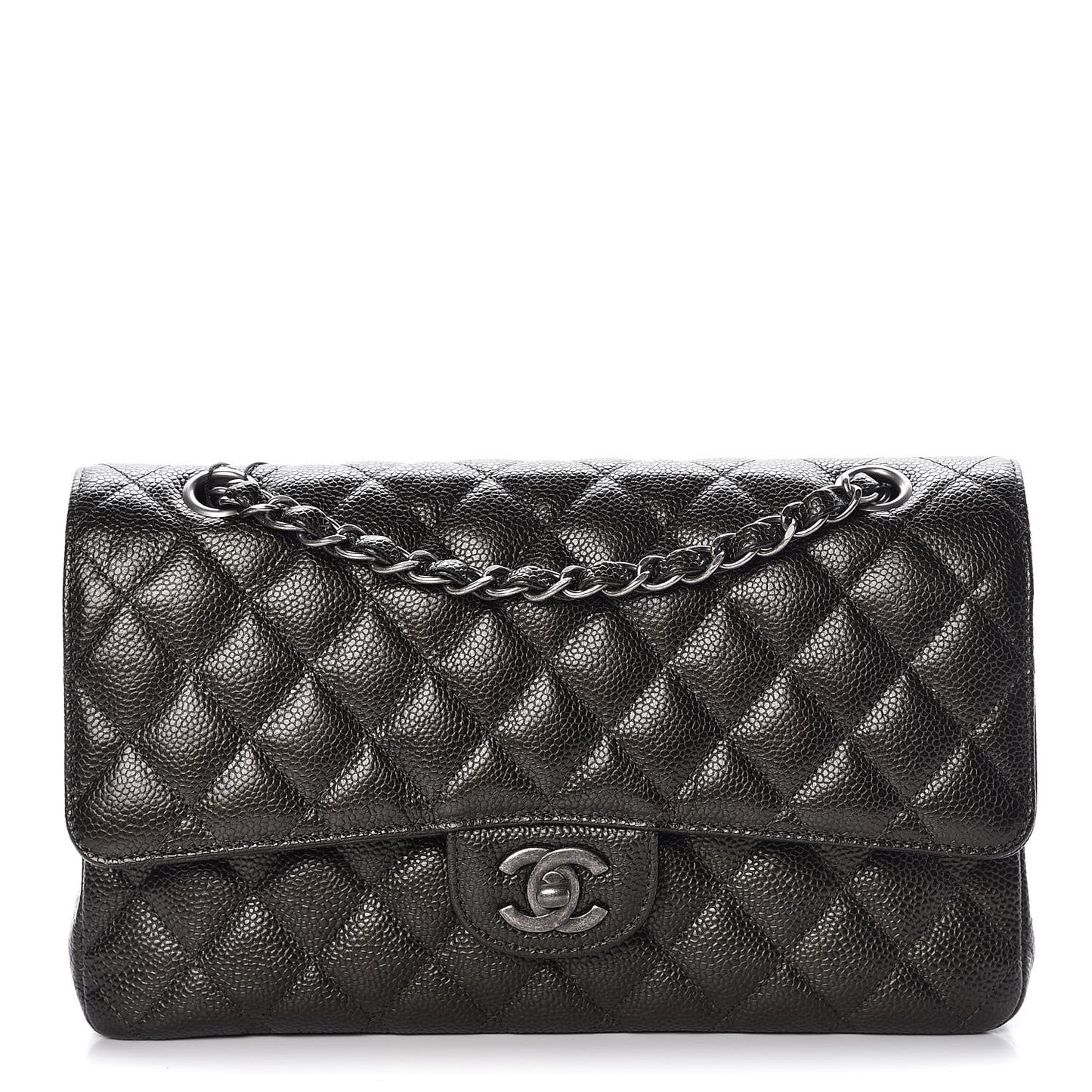 Metallic Caviar Quilted Medium Double Flap Dark Charcoal