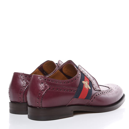Gucci Calfskin Web Bee Embroidered Mens Slip-On Brogue Wingtip Derby Shoes 7 Bordeaux 4 of 11