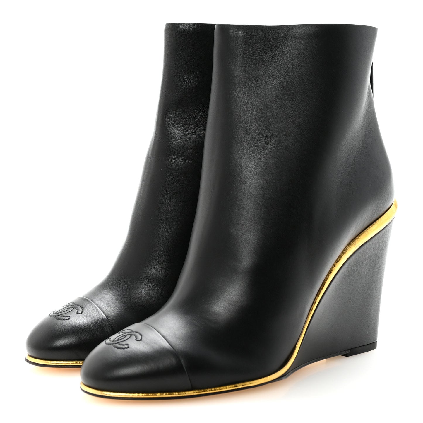 Lambskin Cap Toe Wedge Ankle Boots 38 Black