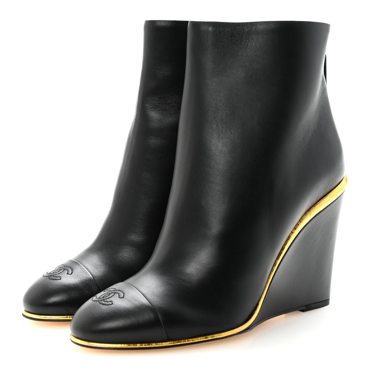 Chanel Lambskin Cap Toe Wedge Ankle Boots 38 Black 4 of 10