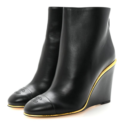 Chanel Lambskin Cap Toe Wedge Ankle Boots 38 Black 4 of 10
