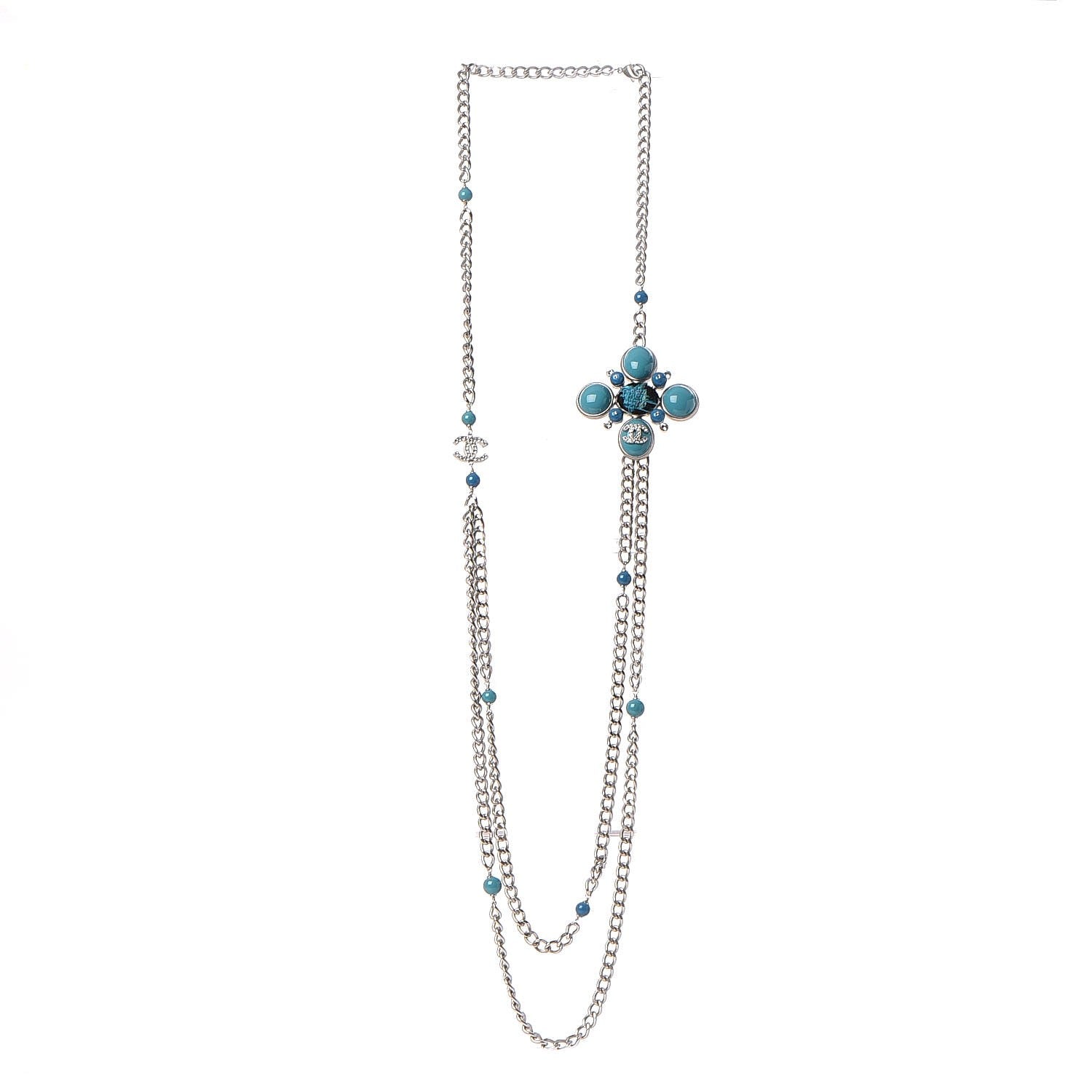 Chanel Resin Tweed Crystal Beaded Medallion Necklace Turquoise Silver 3 of 7