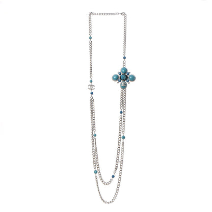 Chanel Resin Tweed Crystal Beaded Medallion Necklace Turquoise Silver 3 of 7