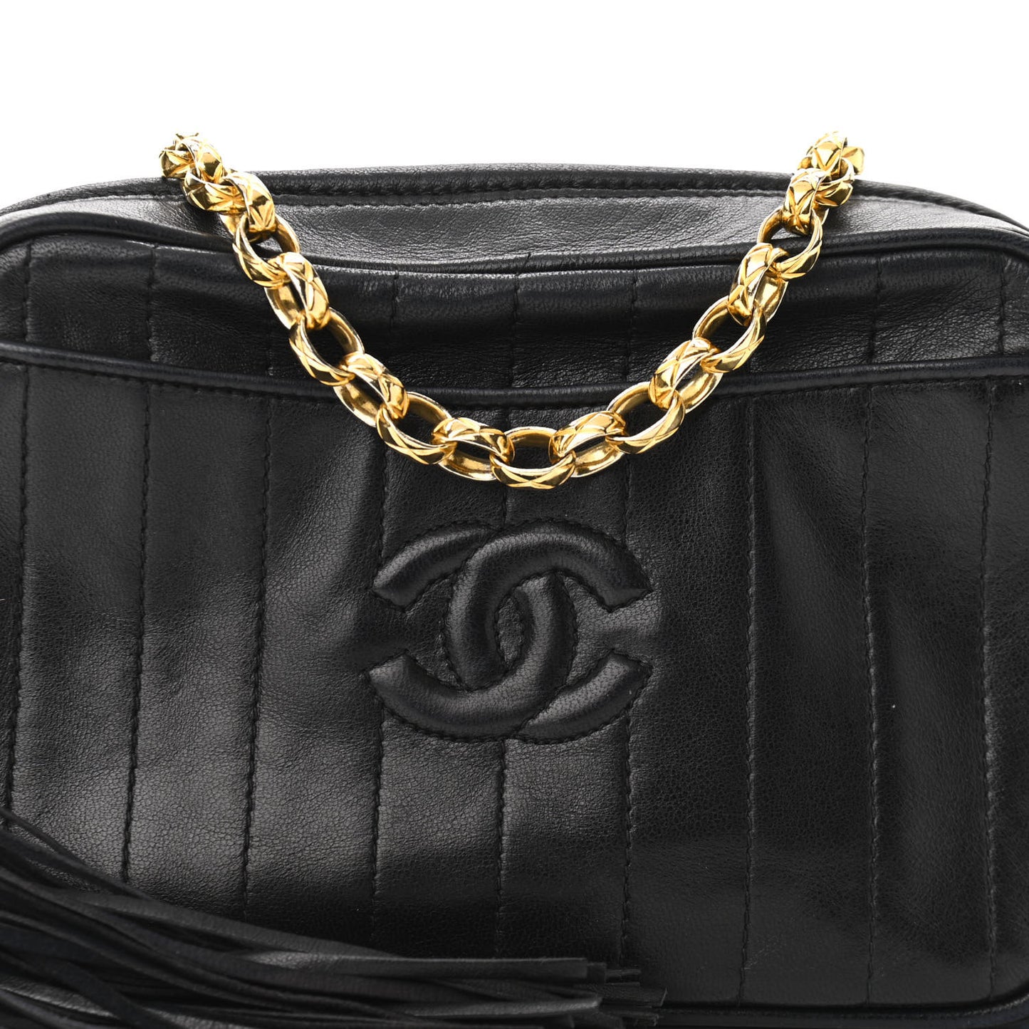 Lambskin Vertical Quilted CC Tassel Camera Case Black