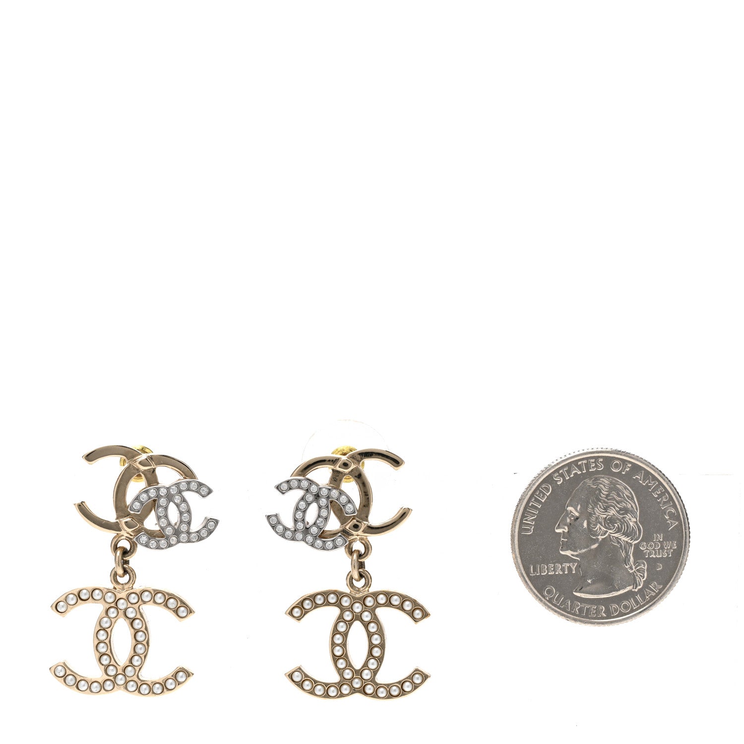 Chanel Crystal Pearl Double CC Drop Earrings Gold Silver 2 of 5