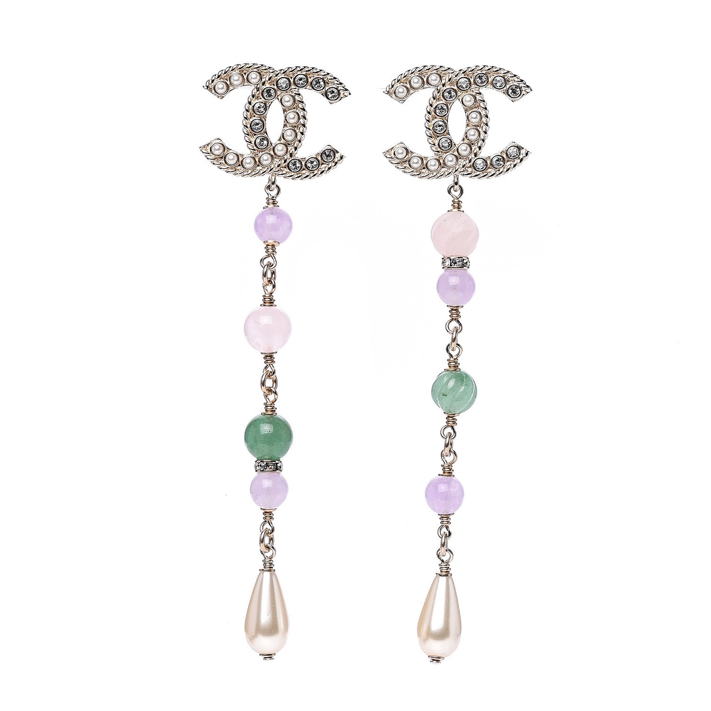 Crystal Pearl Beaded CC Long Drop Earrings Gold Multicolor
